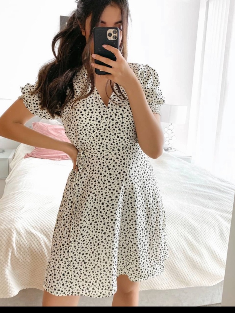 New Look White Floral Puff Sleeve Mini Dress